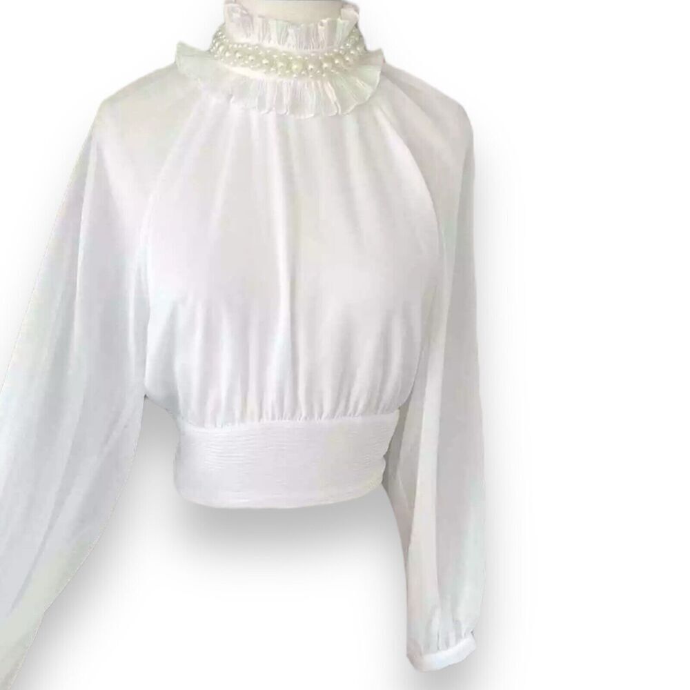 ZARA TOP WMNS XS WHITE PEARL COLLAR CHIFFON BLOUSE PLEATED